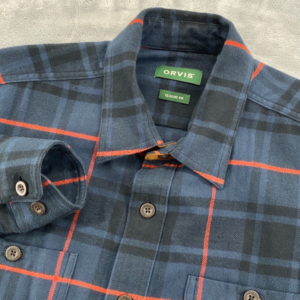 Orvis Mens Classic‎ Fit Flannel Shirt Large Navy Blue Plaid Button Down Heavy